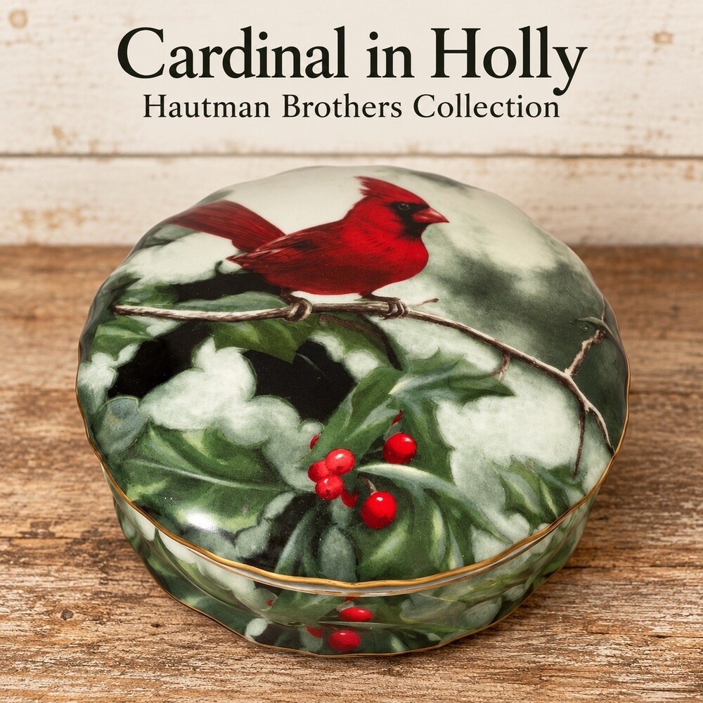 Hautman Brothers Collection Cardinal in Holly Porcelain Christmas Trinket Box